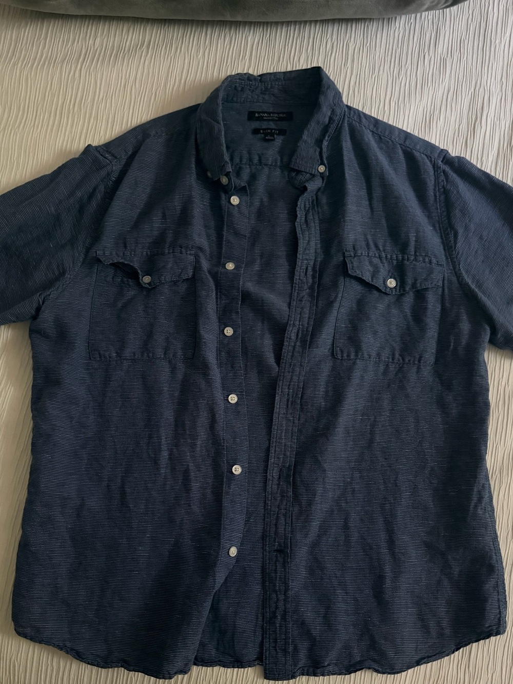Banana Republic Slim Fit Linen-Cotton Shirt - Navy and White Stripe